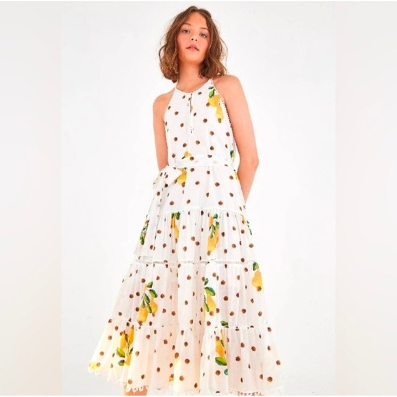FARM Rio Dresses & Skirts - Farm Rio Women XS White Lemon Polka Dot Tiered Halter Maxi Dress Vacation Picnic